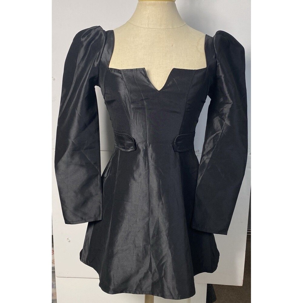 Ashley Black Satin Mini Dress With Long Puff Sleeves Size M NWT